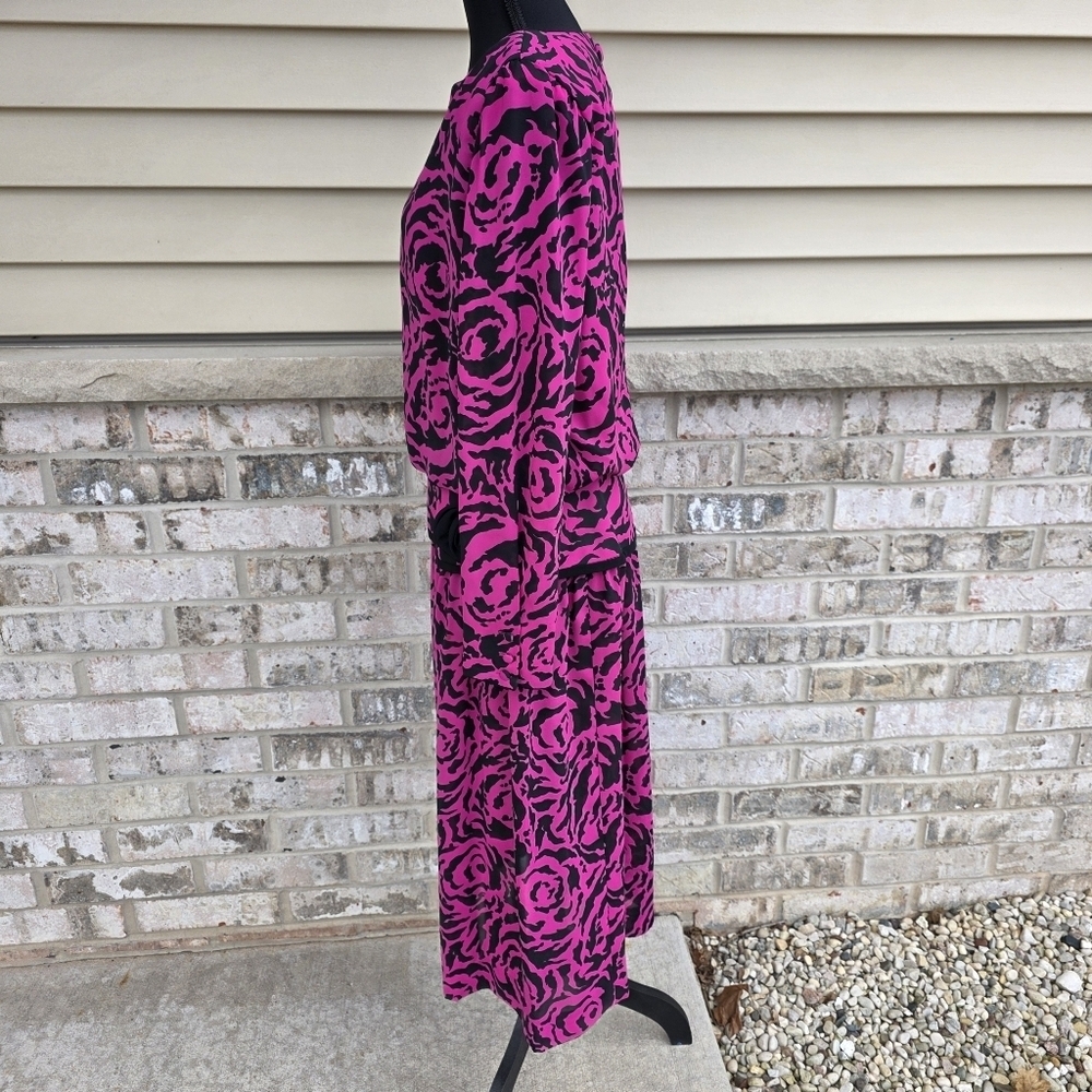 Vintage 80s R&K Originals Pink Rose Print Peplum Dress - Picture 4 of 14